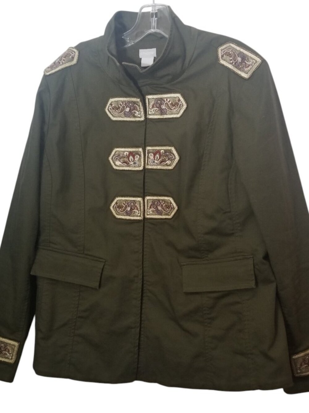 Chico's Forest Green Women's Cotton Blend Military Jacket Sz 2 US (12/14)
